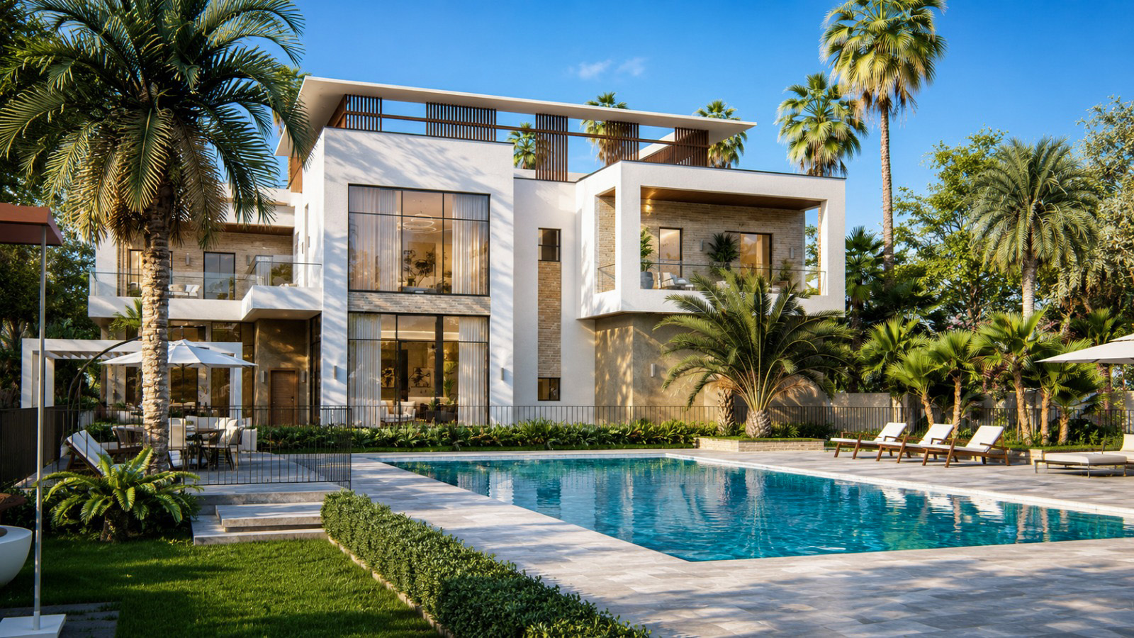 Nadd Al Shibba Third Villa exterior with landscaped swimming pool