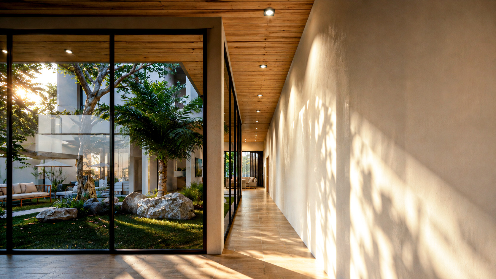 Sunlit hallway overlooking the villa courtyard