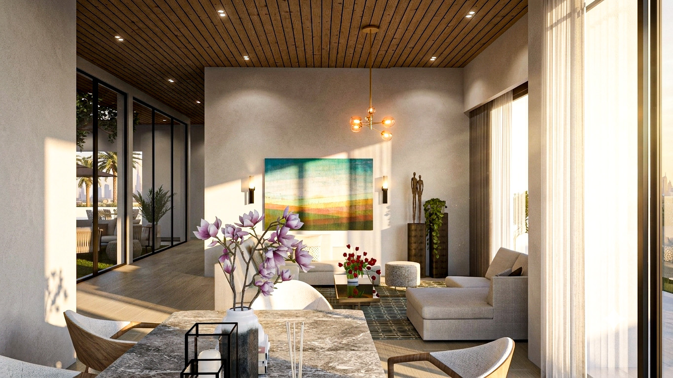 Villa living area with warm wood ceiling and garden views