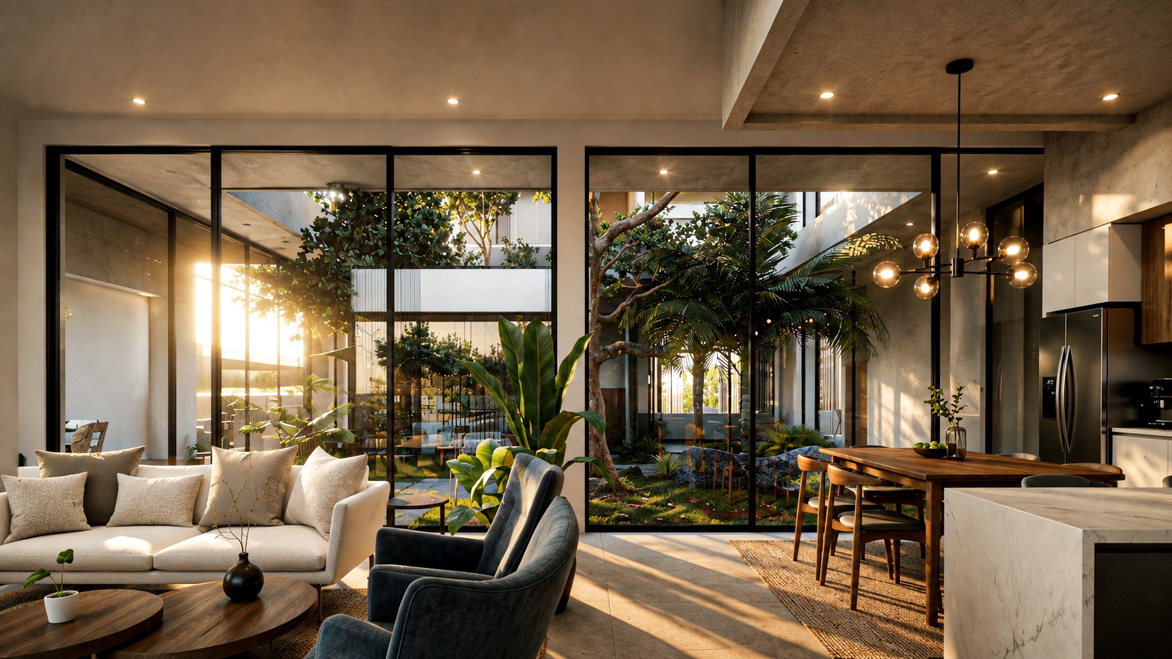 Contemporary lounge opening onto a landscaped courtyard at Nadd Al Shibba Third Villa in Dubai