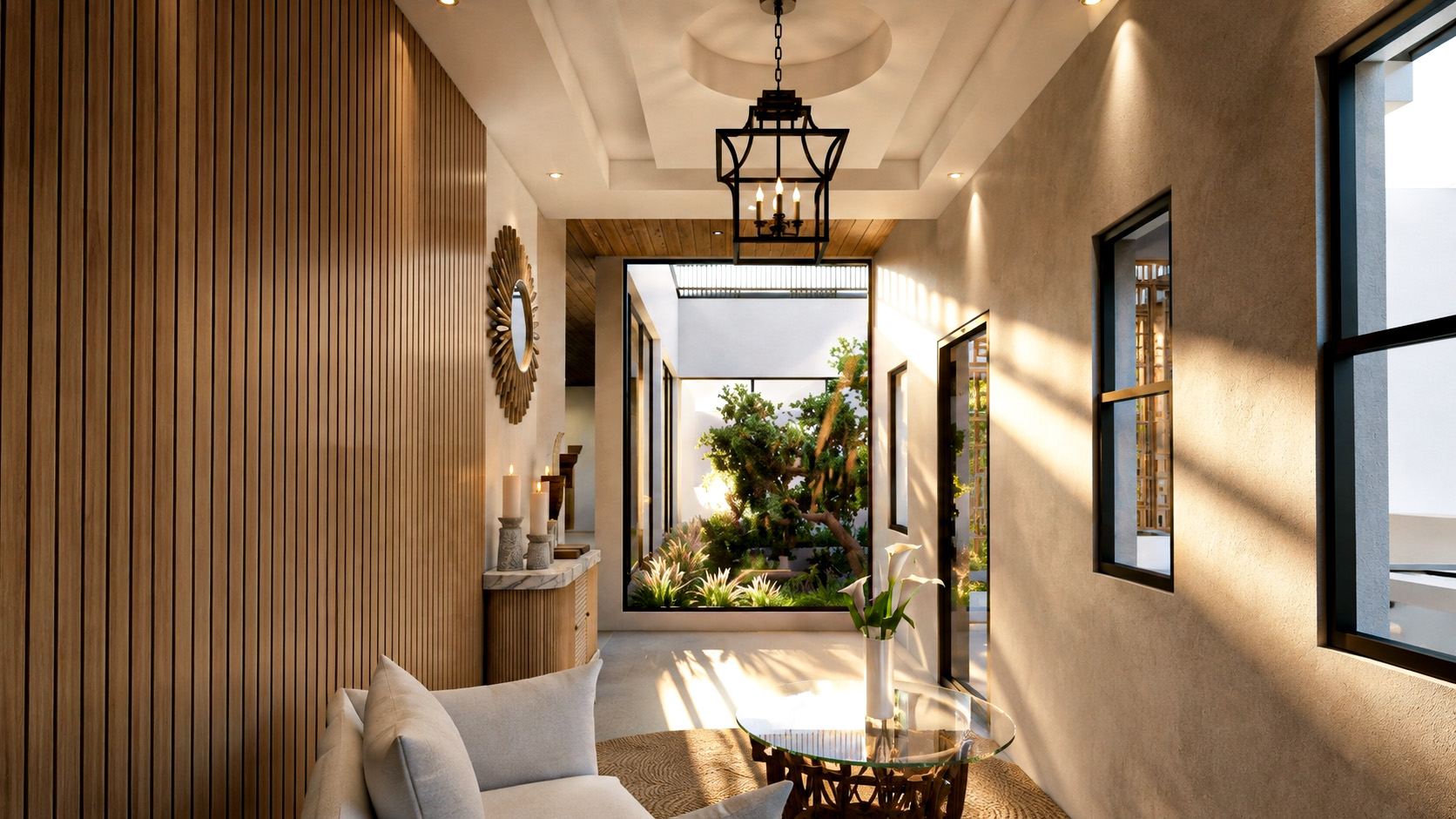 Private sitting area with timber wall and courtyard view