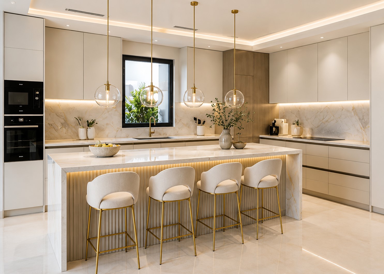 3D Visualization kitchen render with island and dining stools