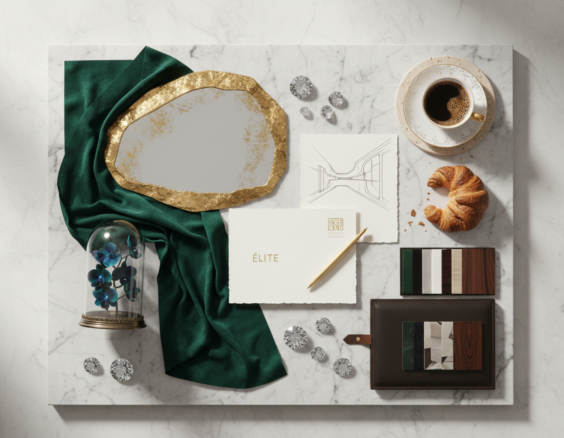 Conceptual design moodboard with materials, drawings, and styling references