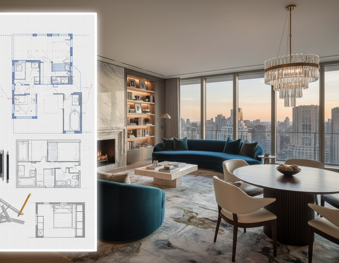 Interior design package with floor plan overlay and refined living room render