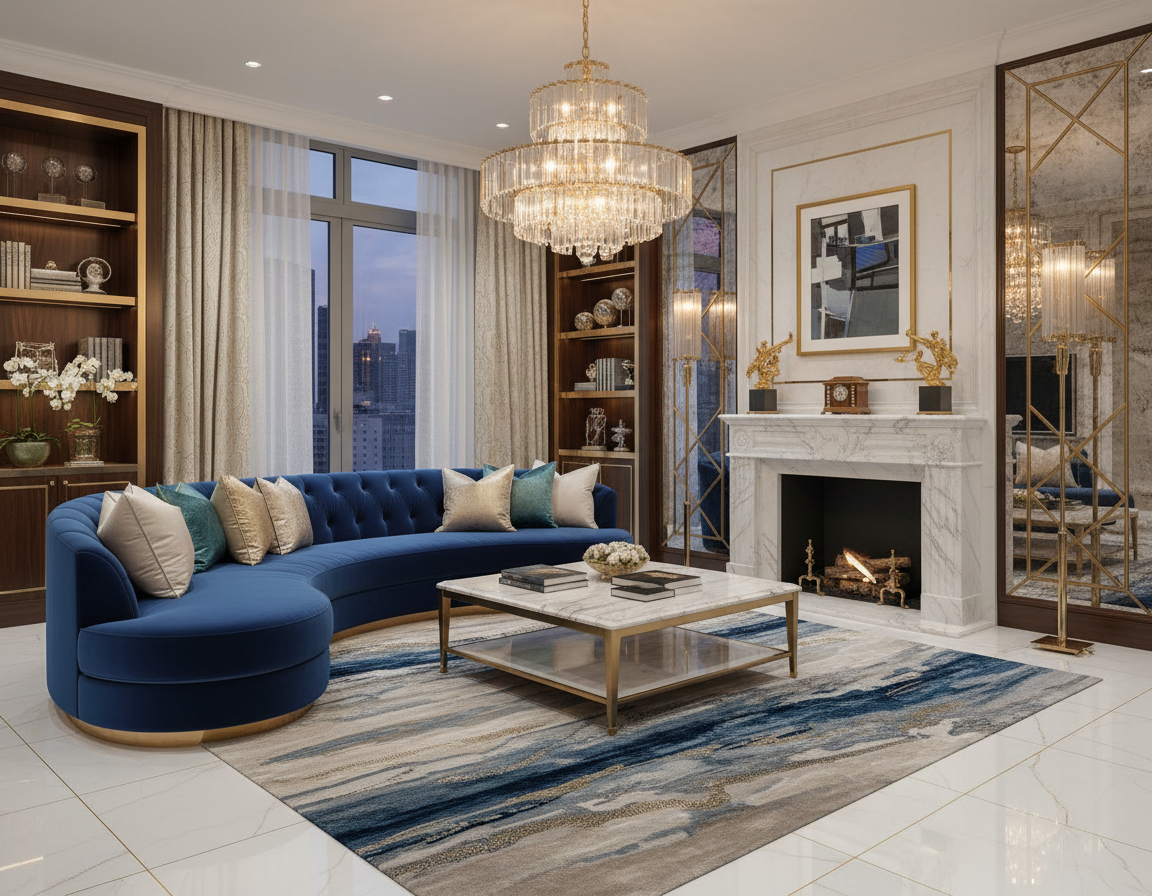 Luxury sitting room with blue sofa, chandelier, marble fireplace, and gold detailing