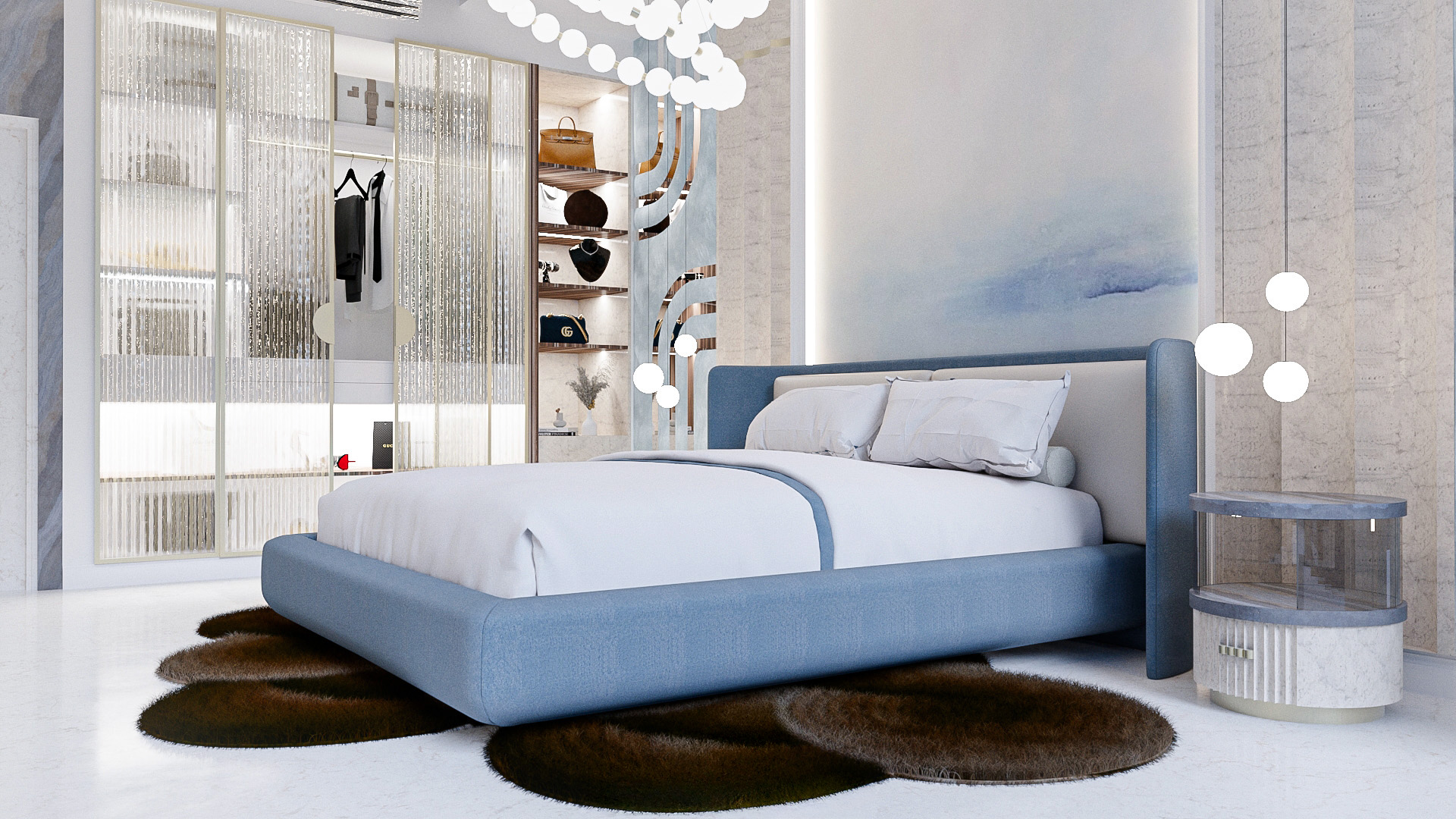 Personalized Guidance bedroom detail with chandelier and bed